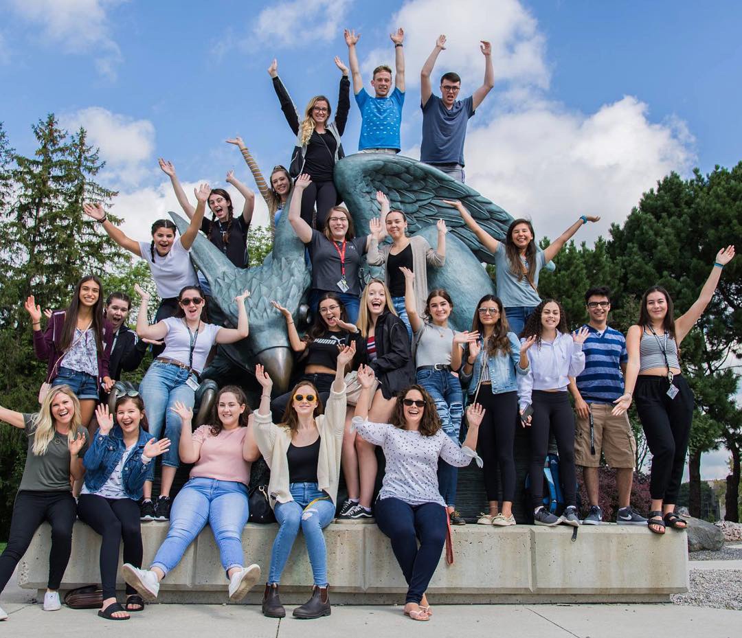Students on Gryphon statue