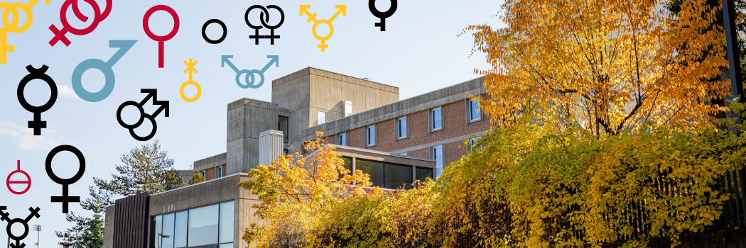 Lambton Hall exterior with a variety of gender symbols